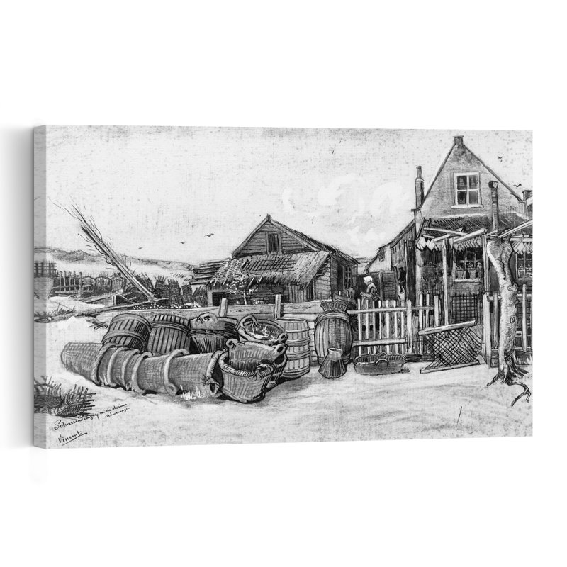 Le séchoir à poisson de Scheveningen, vers 1882. Illustration murale abstraite et contemporaine représentant des poissons et des chevaux.