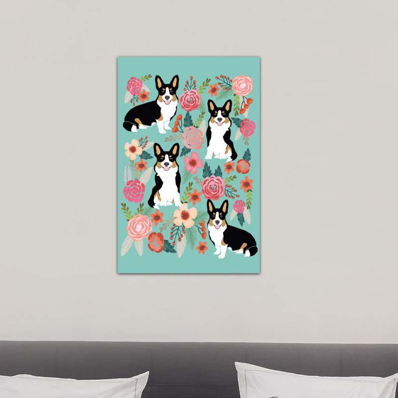 « corgi floral collage ii », impression sur toile tendue, H 60 po x l 40po x P 1,5 po, Toile tendue, Pas de tapis