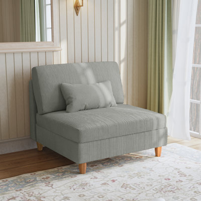 Fauteuil rembourré en velours côtelé gris clair Seemab avec dossier coussiné, module de chaise simple pour canapé modulaire