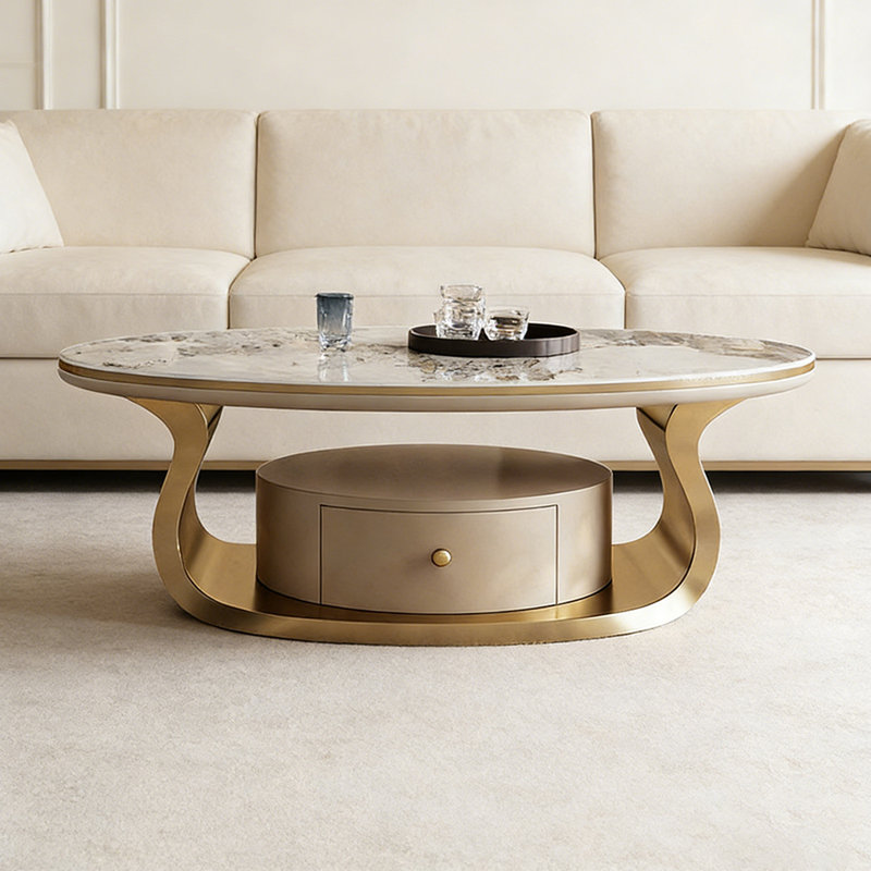 Table basse moderne ovale avec base en acier inoxydable, Doré, 16.53" H x 51.18" L x 27.55" W