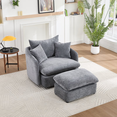46" Chenille Upholstered Oversized Swivel Armchair With Ottoman