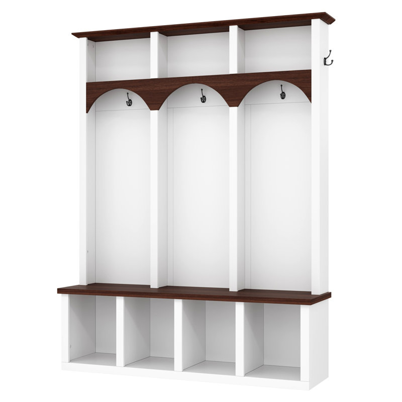 Farmhouse Wooden Style Hall Tree With Arched Design, Practical Entryway Walnut Storage Bench With 5 Black Hooks, Minimalist 4-In-1 Hallway Shoe Cabinet With 7 Cubbies
