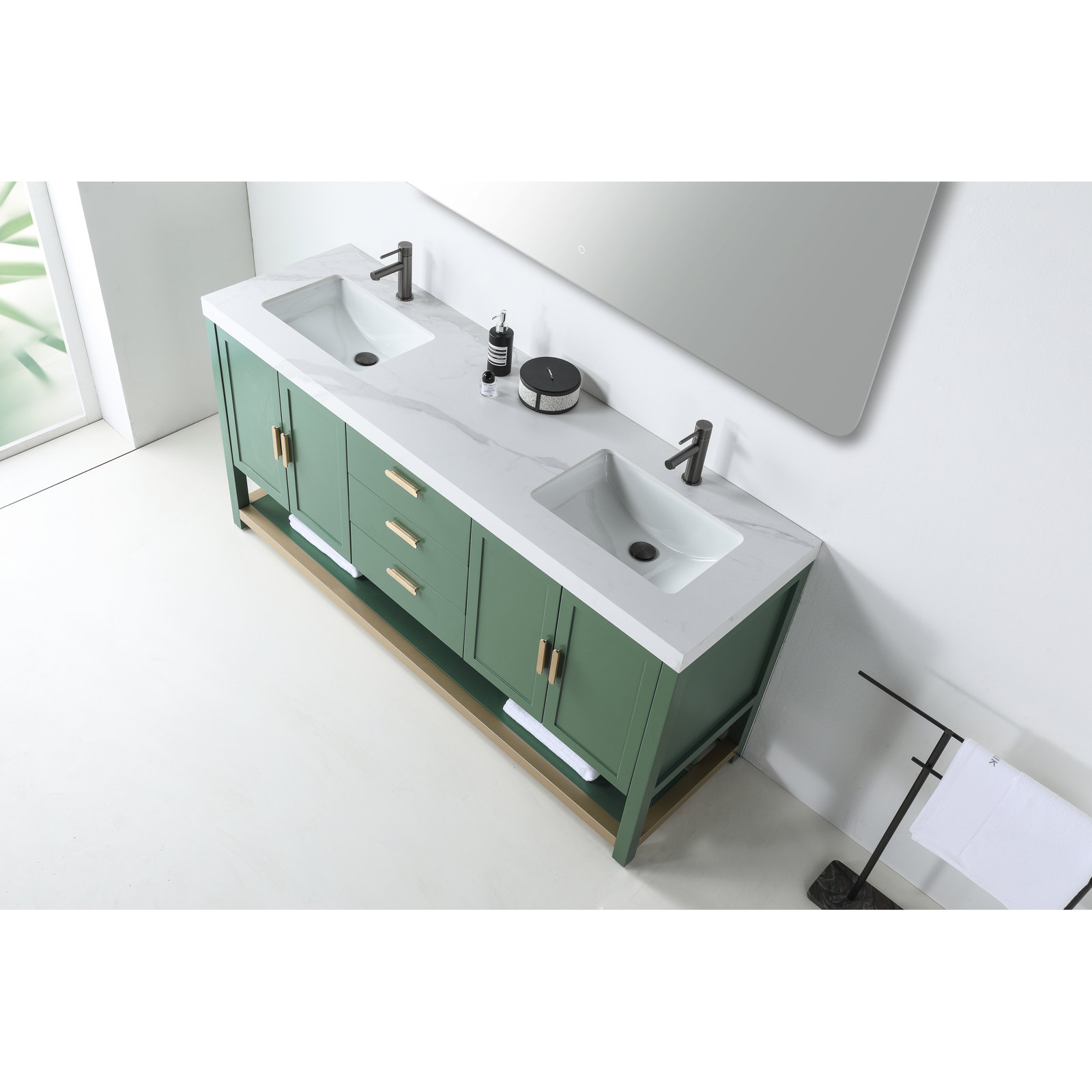 Winchester 72'' Natural Wood Veneer Plywood Bathroom Vanity with Engineered Quartz Top, Forest Green, White