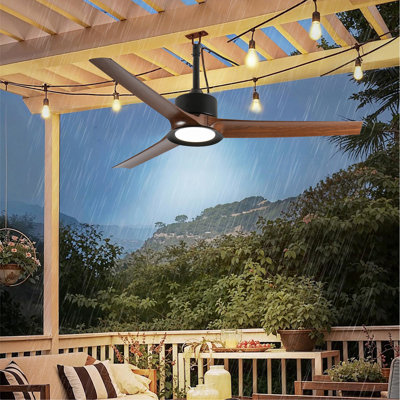 Outdoor Ceiling Fan With Light: 52 Inch Black Waterproof Gazebo Fans With Lights Outdoor Hanging  6 Speed Reversible DC Motor