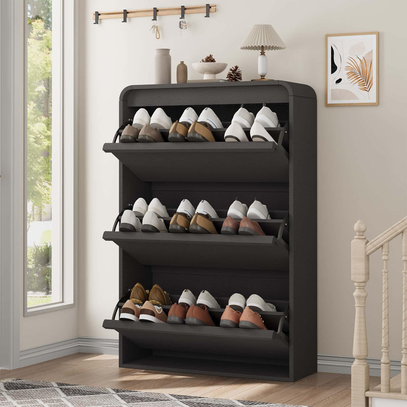 Shoe Cabinet with 3 Flip Drawers, Slim Wooden Shoe Storage with Adjustable Shelves for Entryway, Black