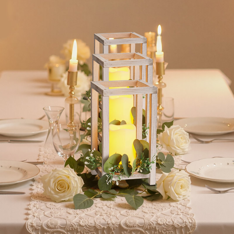 Wooden Wedding Lantern Centerpiece, Includes 12 Wooden Lantern Candle Holder 12 Flameless LED Candle 12 Eucalyptus Leaves Wreath for Wedding Table Party Farmhouse Decor, White