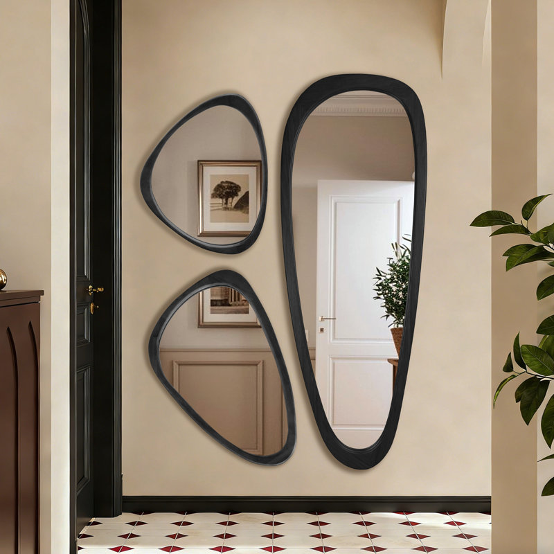 Asymmetrical Irregular Full Length Mirror with Solid Wood Frame, Organic Wall-Mounted Floor Mirror, Black, 60" x 21"