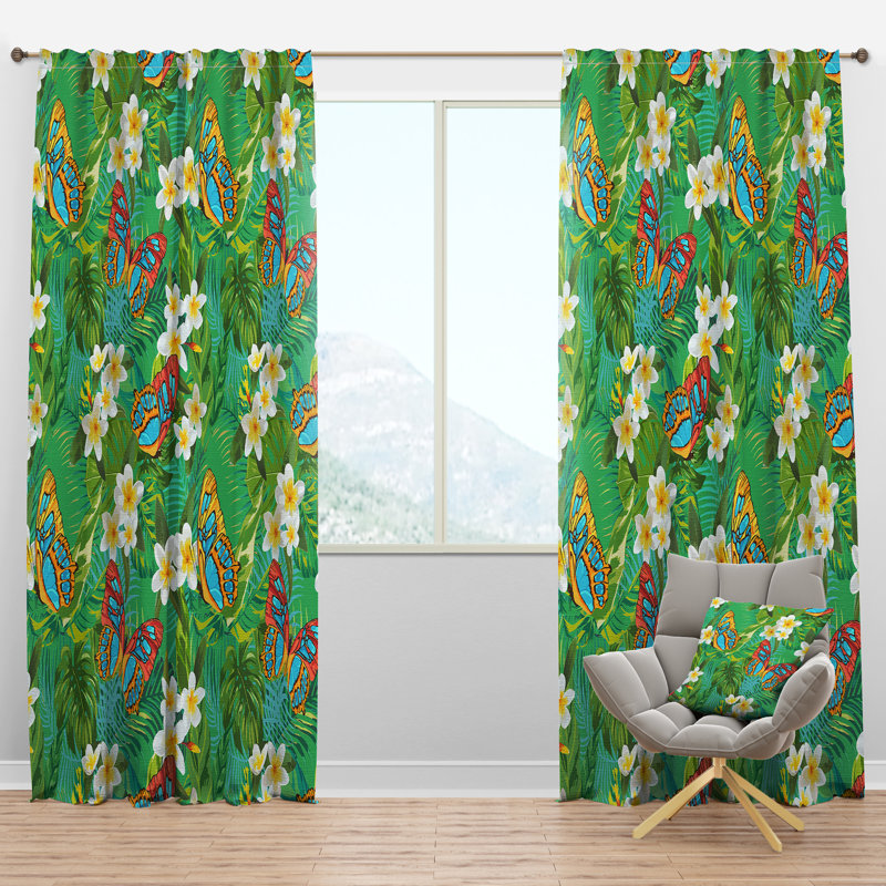 Panneau de rideau simple semi-diaphane avec passe-tringle Tropical and Butterflies, l 52 po x L 108 po