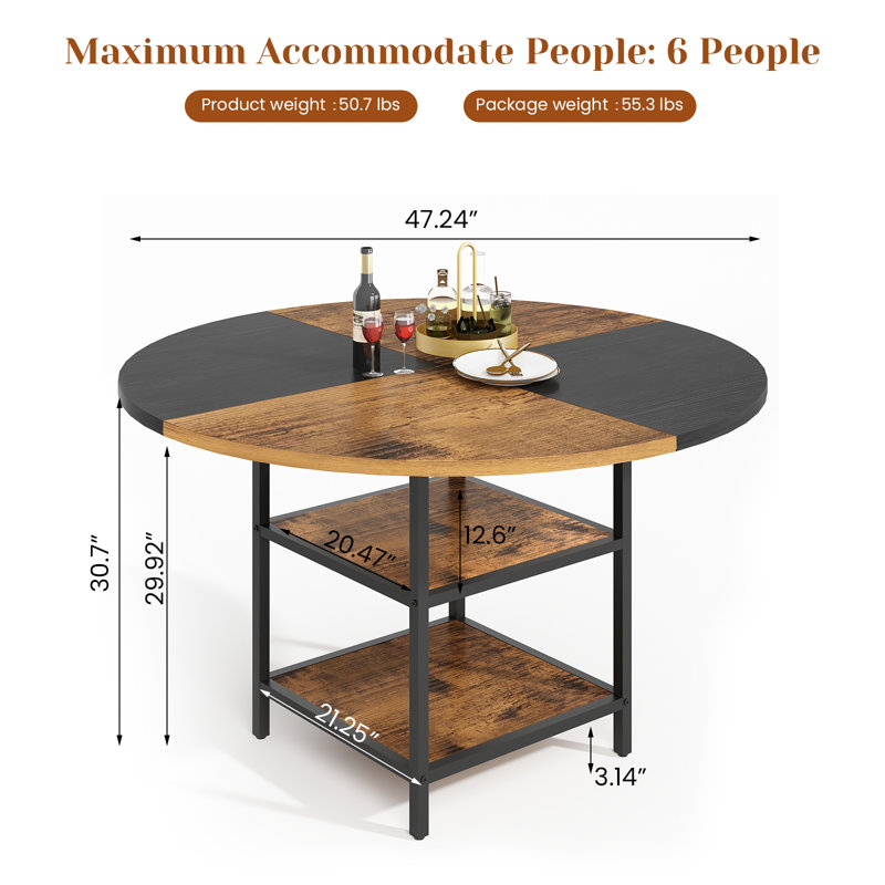 Manresa Round Dining Table for 4-6, Round Dining Table with Storage, Dark Brown Wood/Black