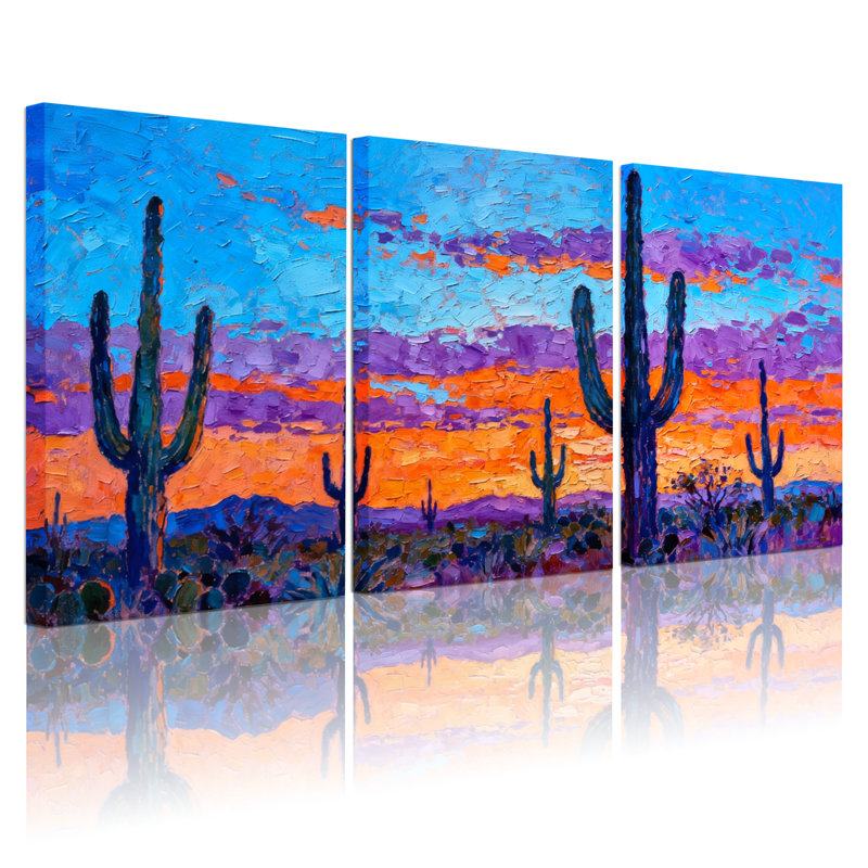 «Cactus Desert Cactus Sunset», ensemble de 3 reproductions d'art sur toile, H 30 po x l 60 po