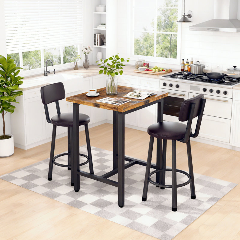 3-Piece Bar Table Set For 2, 23.6 " Square Pub Table With 2 PU Upholstered Backrest Chairs, Counter Height Kitchen Table Set For Small Spaces, Bar, Restaurant, Apartment