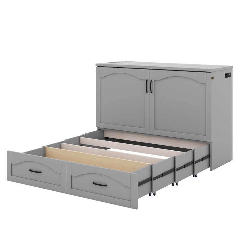 Full Size Murphy Bed Wall Bed With Drawer And A Set Of Sockets & USB Ports, Grey
