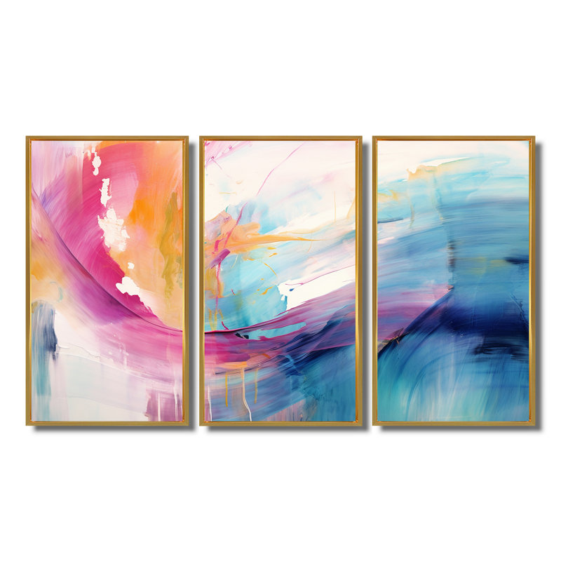 Vibrant Waves Miami Sunset III - Waves Wall Art Print Set, Gold Floater Framed, 28" H x 36" W x 1" D