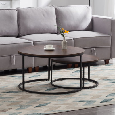 Modern Round Coffee Table Set of 2, Nesting Tables with Adjustable Feet for Living Room, Brown