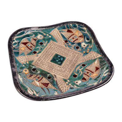 Novica Handmade Majestic Pond Glazed Ceramic Platter