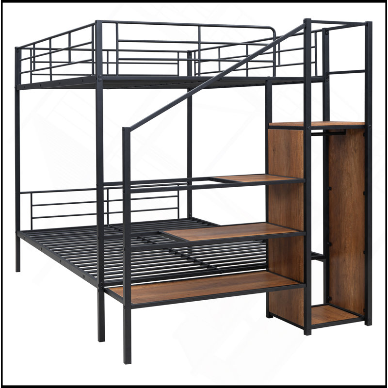 Lit superposé double en métal avec échelle de rangement latérale et garde-robe, Noir, noir, noir, noir
