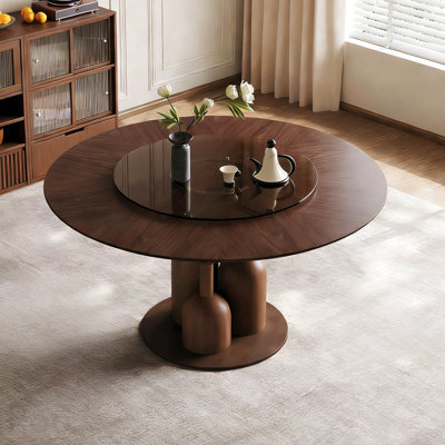 59-Inch Natural Oak Wabi-Sabi Round Dining Table With 35-Inch Tempered Glass Lazy Susan, Handcrafted Japanese Style Sculptural Table For Living Room & Restaurant