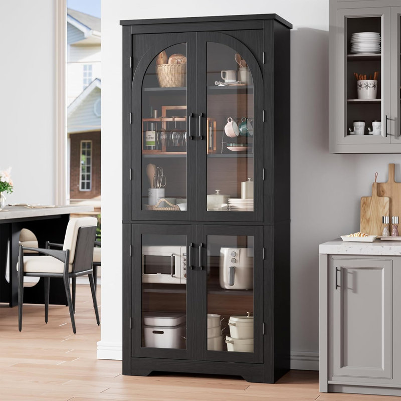 Garde-manger 70 po avec 4 portes arquées en verre et tablettes réglables, armoire de rangement, noir, Noir