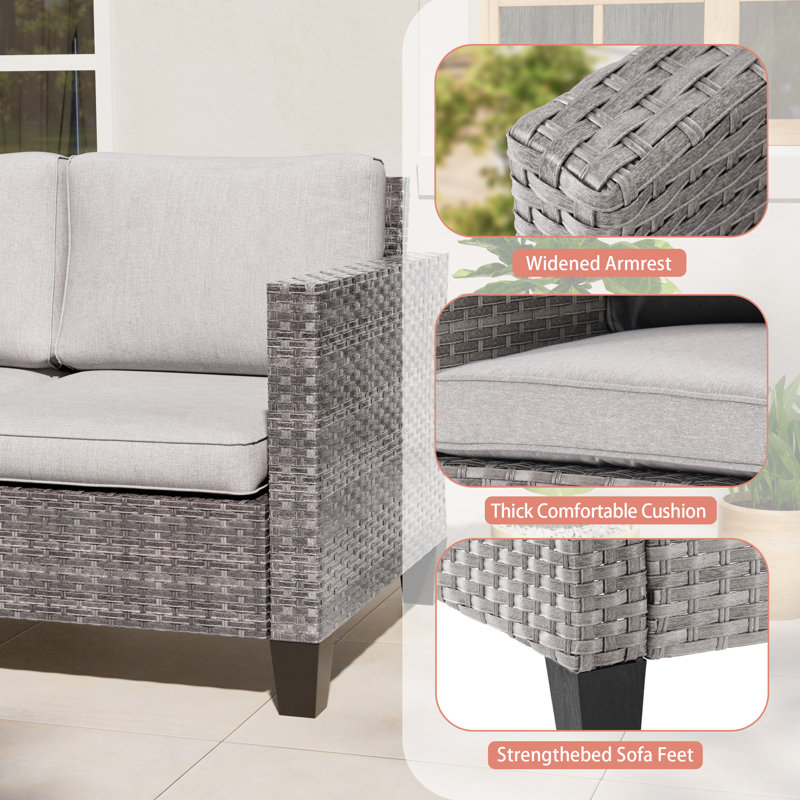 Patio Loveseat Sofa PE  Rattan Set With Thick Cushions and Sturdy Frame, Gray, Linen Gray