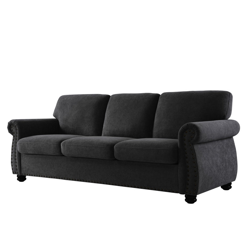 Chic chic en velours noir 3 avec mousse haute, coussins de dossier amovibles, pieds tournés en bois massif, design moderne de style Mid-Century pour la maison, l'appartement et le bureau, coussins en mousse 3 places, salon de style