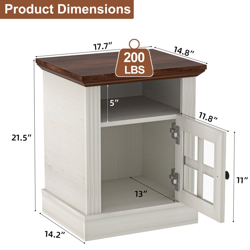 End Table With Storage Shelf, Farmhouse Nightstand W/tempered Glass, 3-tier Side Table Rustic Wood For Living Room, Bedroom, Office