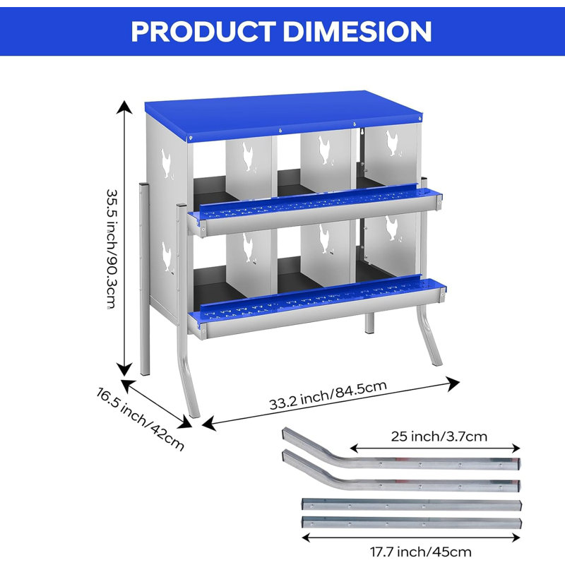 Metal Nesting Boxes for Chickens-6 Compartment Chicken Nesting Box with Bracket Legs for Laying Eggs, Wall Mountable Roll Away Laying Boxes for Hens and Chicken Coop,Blue