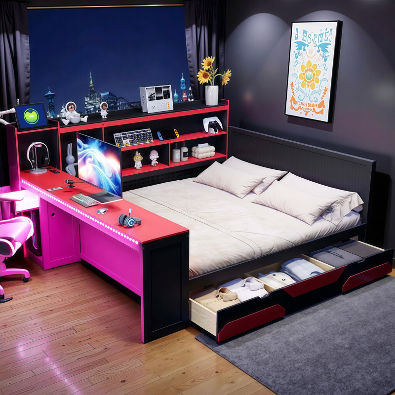 Queen Gaming Daybed with Built-in Desk, LED Lights, Charging Station & 3 Storage Drawers - Multi-Functional Design, Black+Red