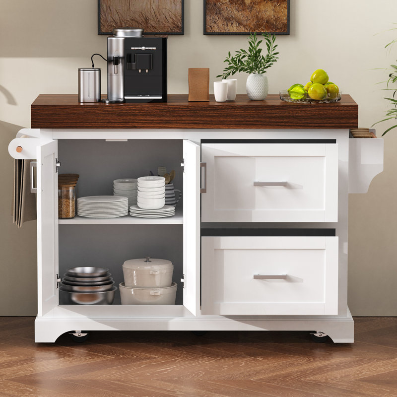 Îlot de cuisine avec porte-épices et porte-serviettes et 2 très grands tiroirs, Blanc