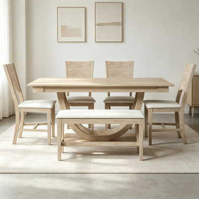Modern 6-Piece Half-Round Wood Dining Table Set With Long Bench & 4 Chairs For Kitchen