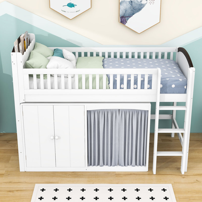 Lit mezzanine en bois avec garde-robe et tête de lit à DEL, Lit simple, Blanc