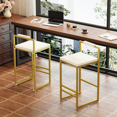 Modern Bar Stools Of 2 With Foam - Filled Velvet, Golden Bases And Square Seat Shape For Dining Areas Upholstered In Creamy White Gold, Low Back Multi Space Adaptable Work Spaces