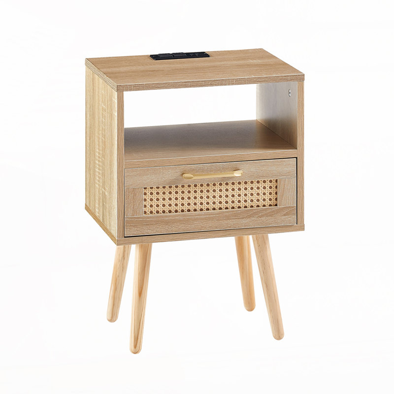 Okawville Rattan Nightstand with Drawer Bed Side Table Modern Nightstand Bedroom End Tables, Oak