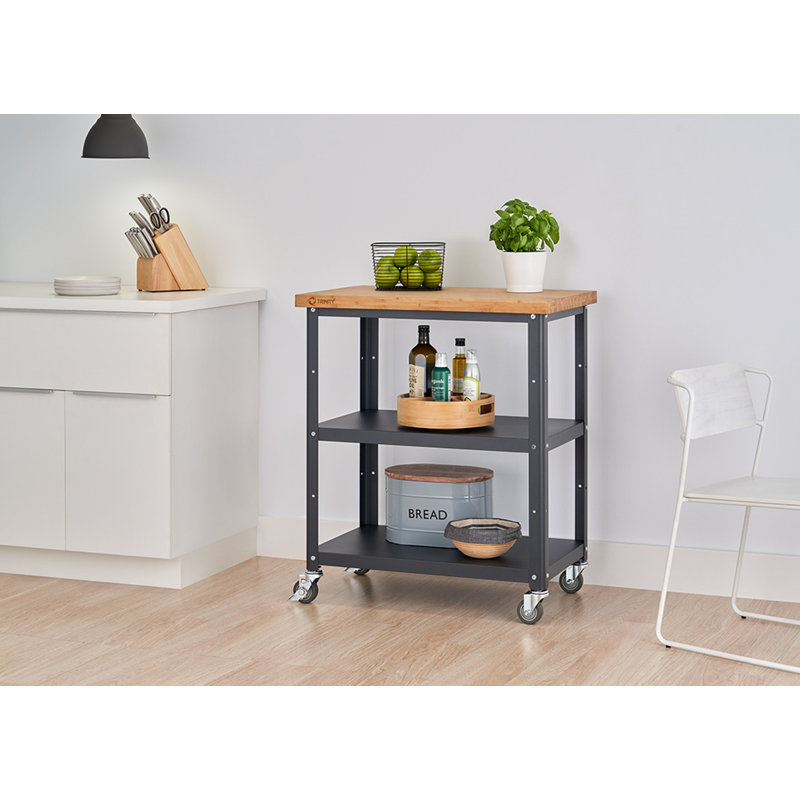 32 In. Bamboo And Metal Kitchen Cart W/ Wheels, Powder Coated Dark Gray