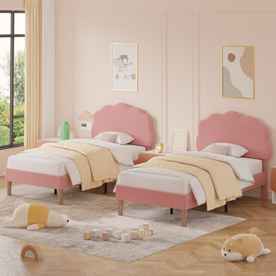 Cimahi 2 Pcs Twin Size Upholstered Platform Bed Frame With Adjustable Headboard, Teddy Fleece, Soft Rounded Corners, No Box Spring Required, Easy Assembly
