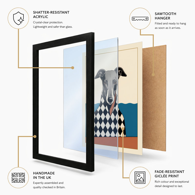 Dressed Hound Mid-Century - Framed Print, A2 - 59.4 x 42.0 cm, Black