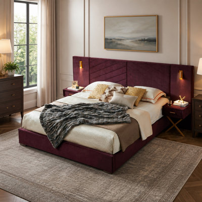King Size Velvet Bed Frame/Vertical Channel Tufted Wingback Headboard/Upholstered Platform Bed/Strong Wooden Slats/No Box Spring Needed/Easy Assembly