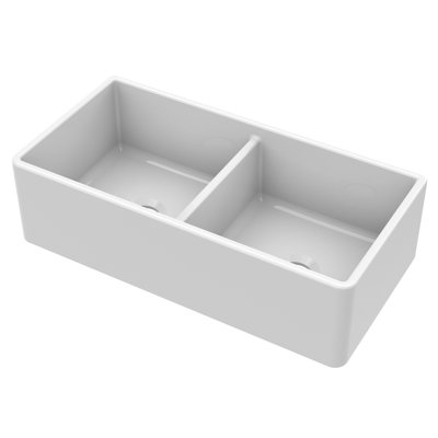 Nuie Belfast Kitchen Sink 36 inch 50/50 Double Bowl Apron Front Farmhouse Sink with Stepped Weir and Wastes - 36x18x10"