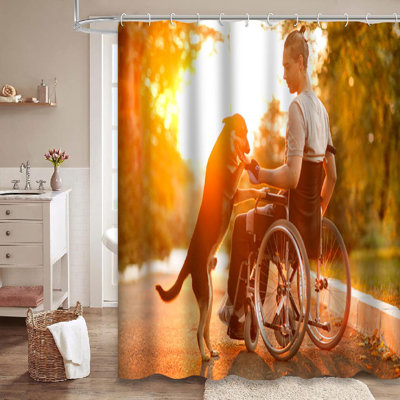 White Happy Man Dog Sunset Wheelchair Chair Wheel Young Help White Shower Curtain with 12 Hooks