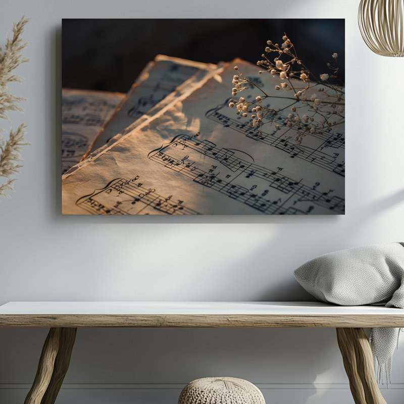 Toile, scène doucement éclairée avec gros plan d'une feuille de musique avec notes délicates et symboles imprimés à l'encre noire