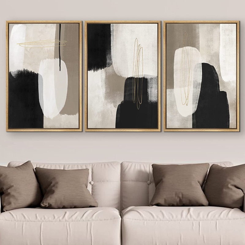 Ensemble de 3 peintures sur toile avec cadre flottant, H 24 po x l 32 po x P 1,5 po, Naturel