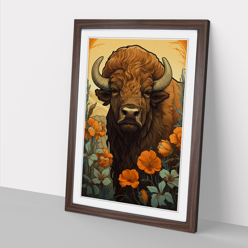 Bison Nouveau No.2 - Single Picture Frame Print on Wood, 64cm H x 46cm W x 2cm D, Walnut Framed