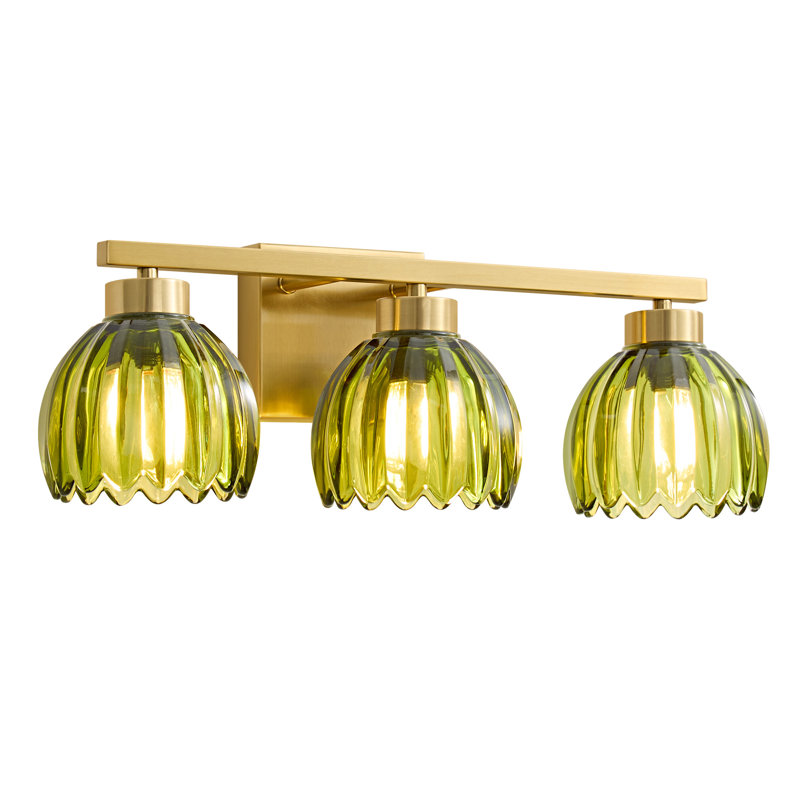 3-Light Dimmable Vanity Light With Vintage Floral Tulip Glass Shade, Green