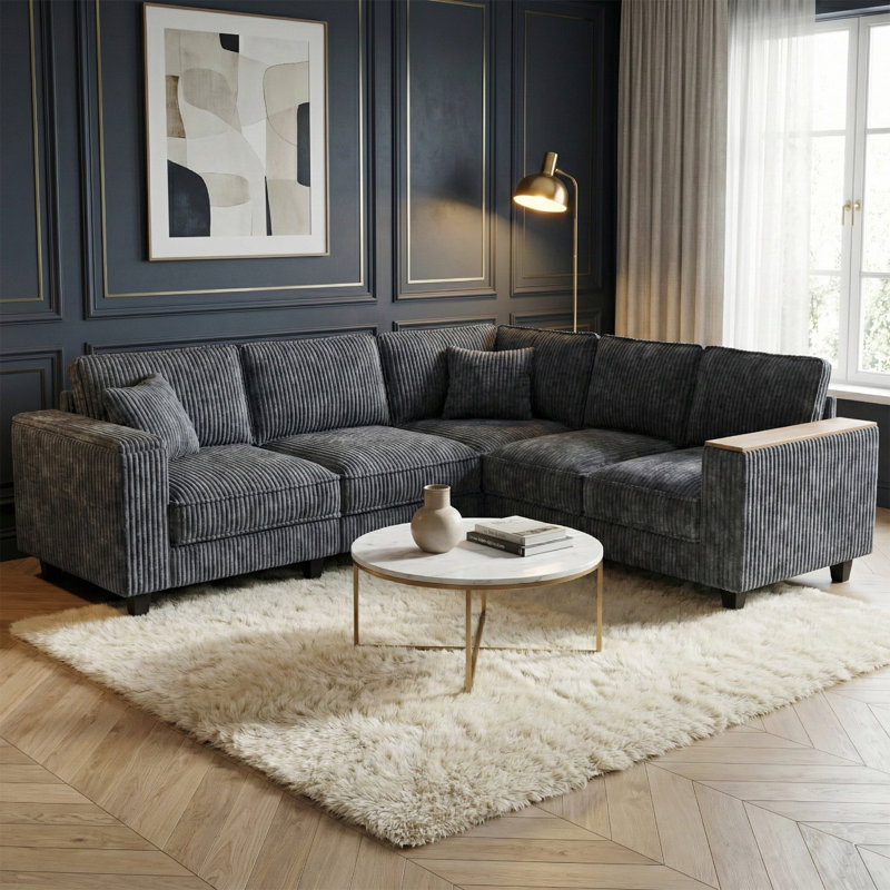 Canapé modulaire en L Corduroy avec rangement pour accoudoirs et sièges profonds, Gris
