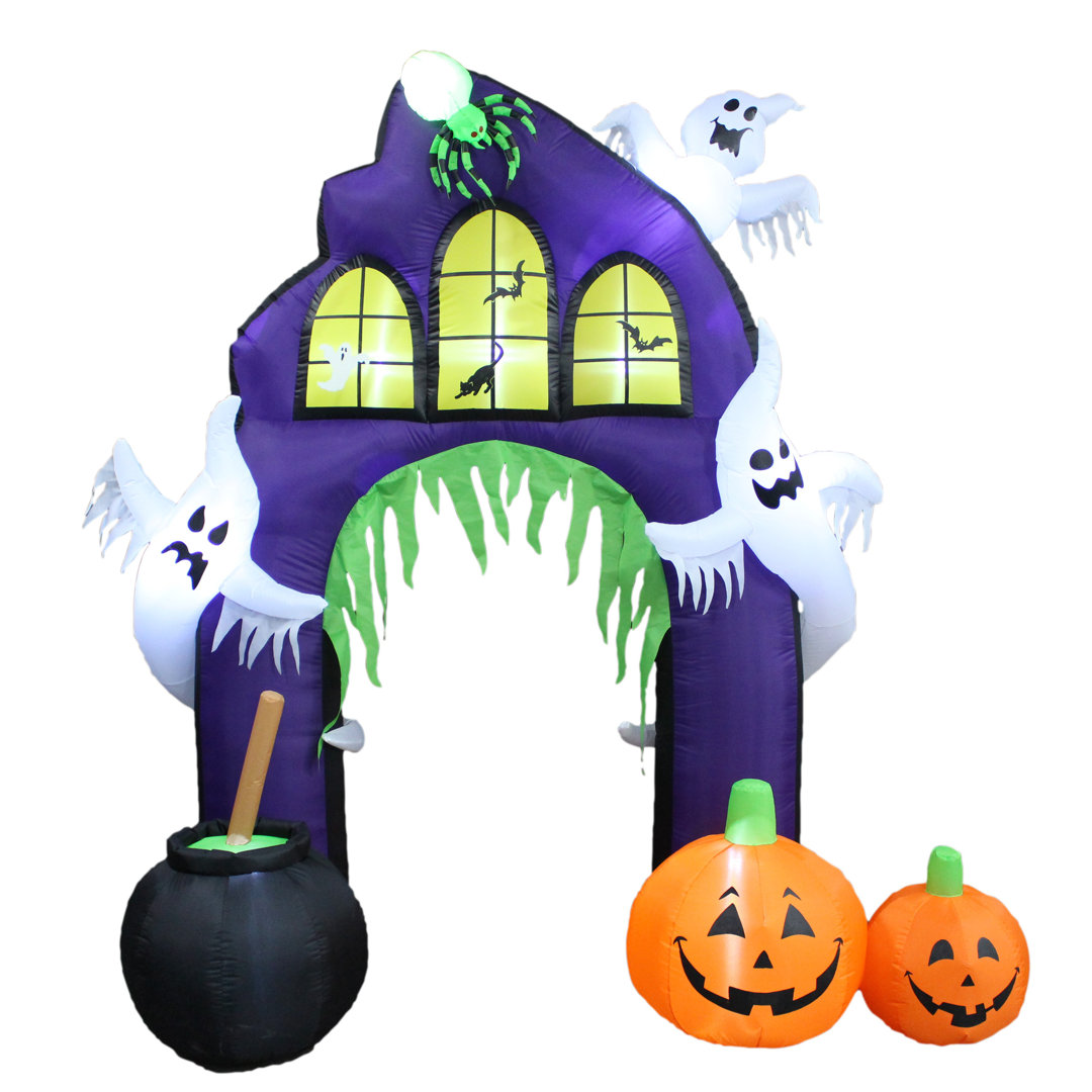 9 Foot Tall Lighted Happy Halloween Inflatable Castle Archway with Pumpkin and Ghost Indoor / Outdoor Holiday Blow Up Yard Garden Decoration The Holiday Aisle®
