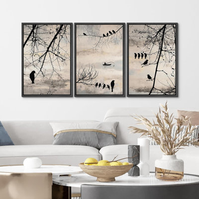 " IDEA4WALL Framed Canvas Print Wall Art Birds In Tree Silhouette Rustic Landscape Prints Minimalist Vintage Art Modern Farmhouse Wall Decor For Bedroom " 3 - Pieces