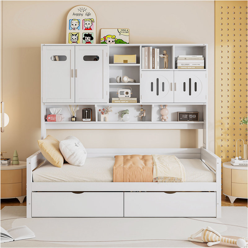 Lit de jour 2 tiroirs avec bibliothèque et armoire, Simple, Blanc