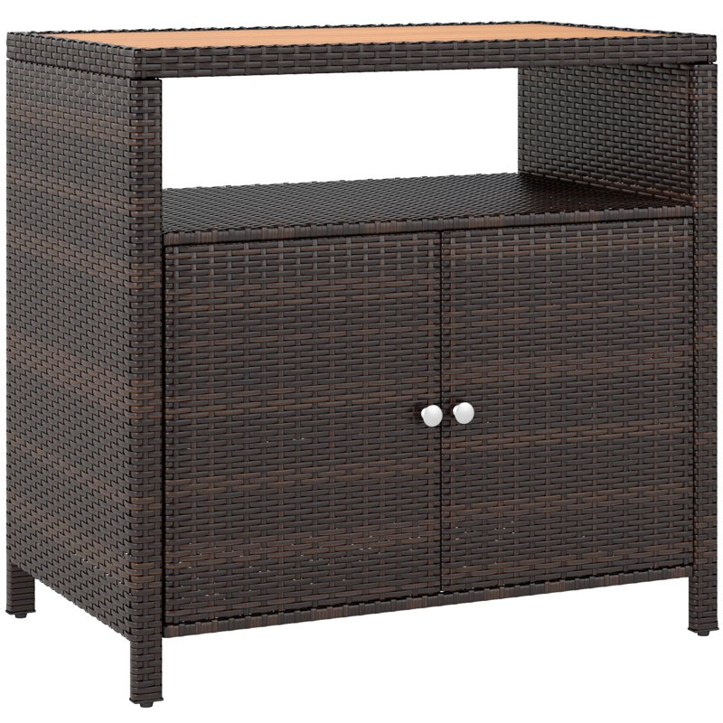 Outdoor Storage Cabinet With Acacia Wood Top, Wicker Bar Table With Two Doors & Shelf, 52.4 Gallon Capacity Pool Towel Storage For Patio, Backyard, Brown