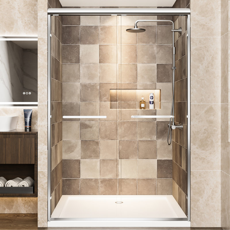 Aluminum Frame Double Sliding Shower Door, 48" Wide, 72" High, 1/4" (6mm) Tempered Glass With - Shatter Film, Corrosion And Easy To Install In Bathroom Clear Handles, Installation