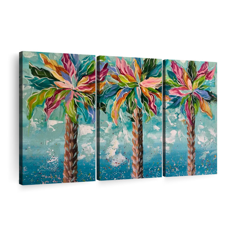 «Colorful Palms», 3 pièces sur toile, H 20 po x l 33 po x P 1,25 po