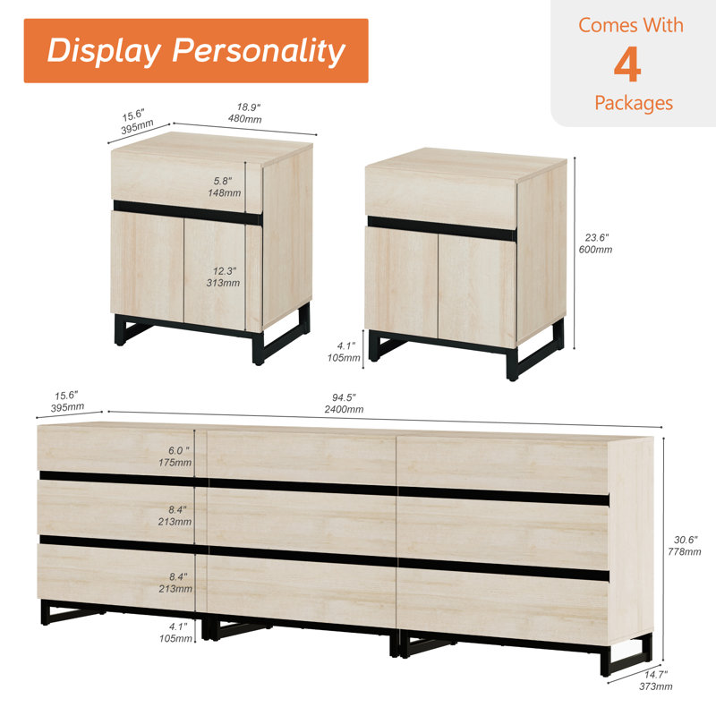 3-Piece Dresser And Nightstand Set, 94.5 Inches Dresser With 9 Drawers, 2 Nightstand With Drawer And Cabinet For Bedroom, Bedroom Furniture Set
